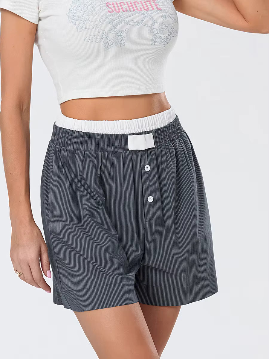 Casual Double Layered Elastic Waist Button Front Wide Shorts Mssza