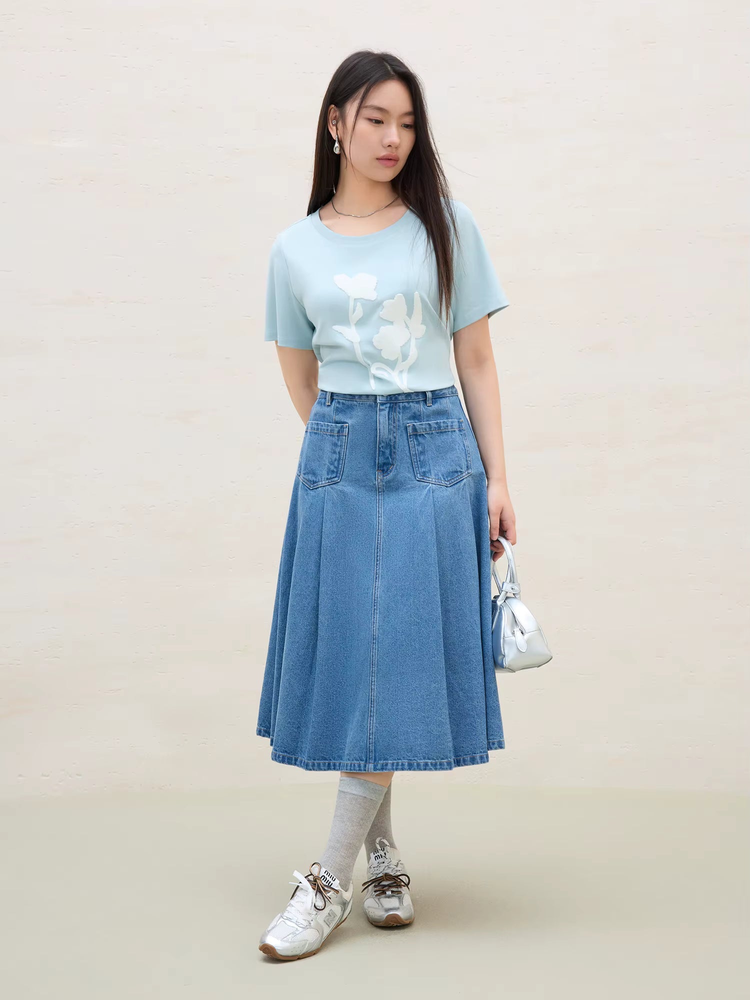Casual Double Pocket Denim Pleated Slim Fit Skirt Mssza