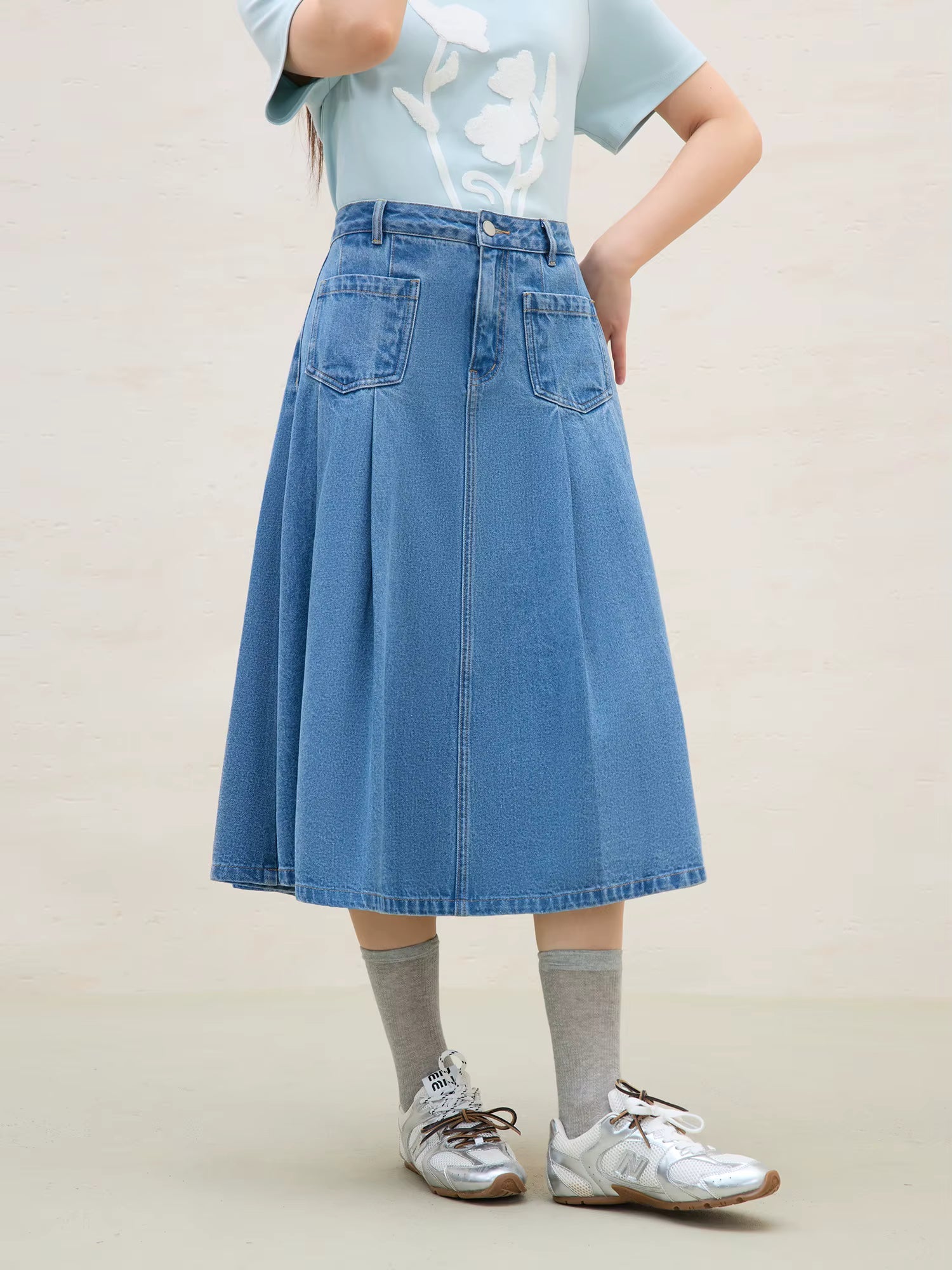 Casual Double Pocket Denim Pleated Slim Fit Skirt Mssza
