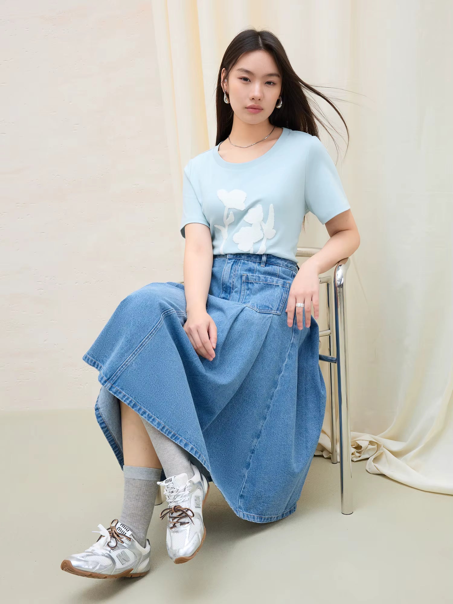 Casual Double Pocket Denim Pleated Slim Fit Skirt Mssza
