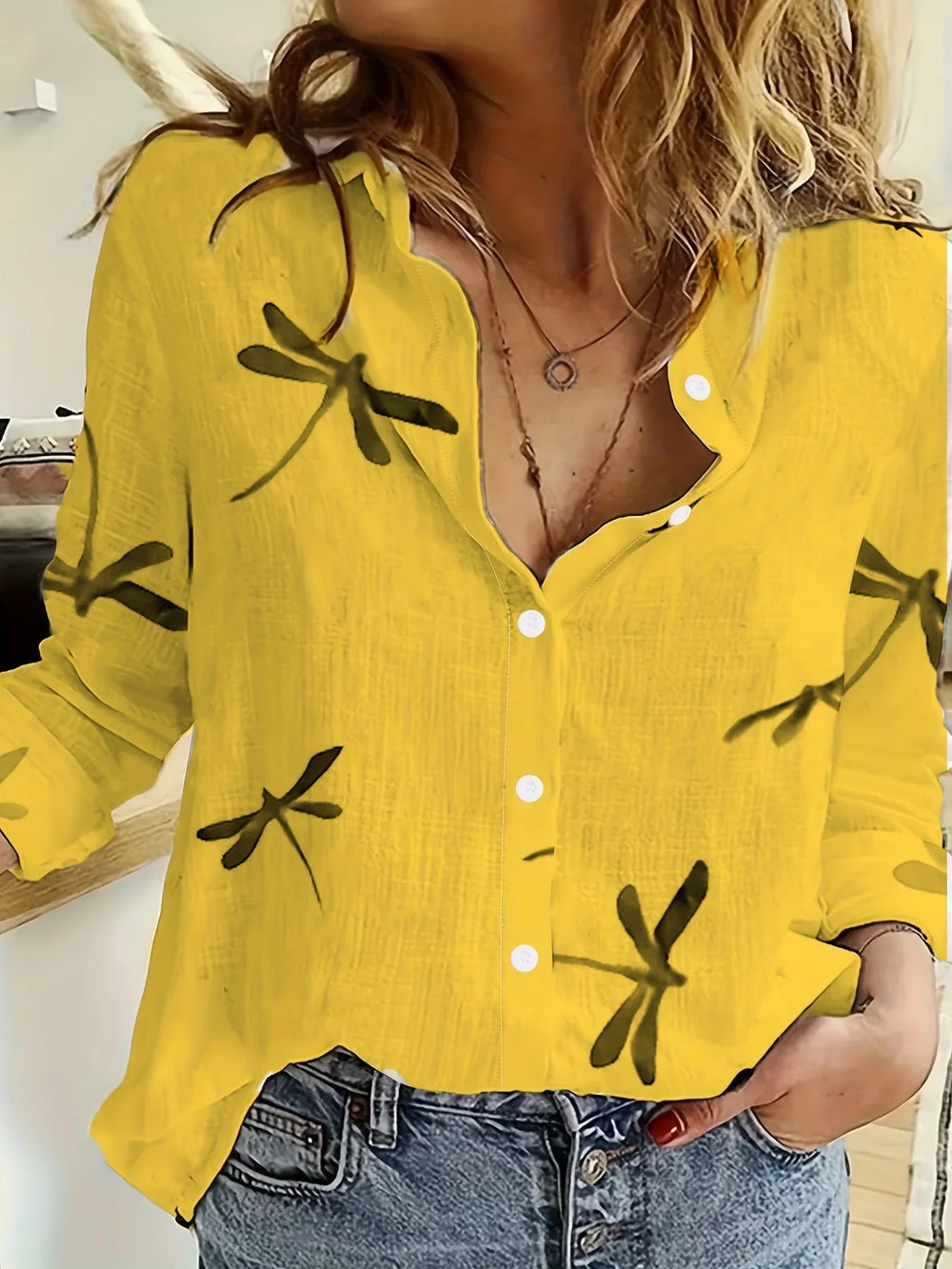 Casual Dragonfly Print Lapel Neck Long Sleeve Blouse Shirts Mssza