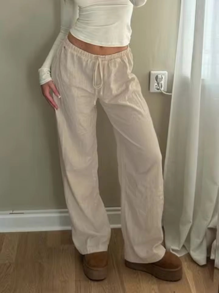 Casual Drawstring Boho Straight Simple Lazy Comfortable Pockets Leg Pants Mssza