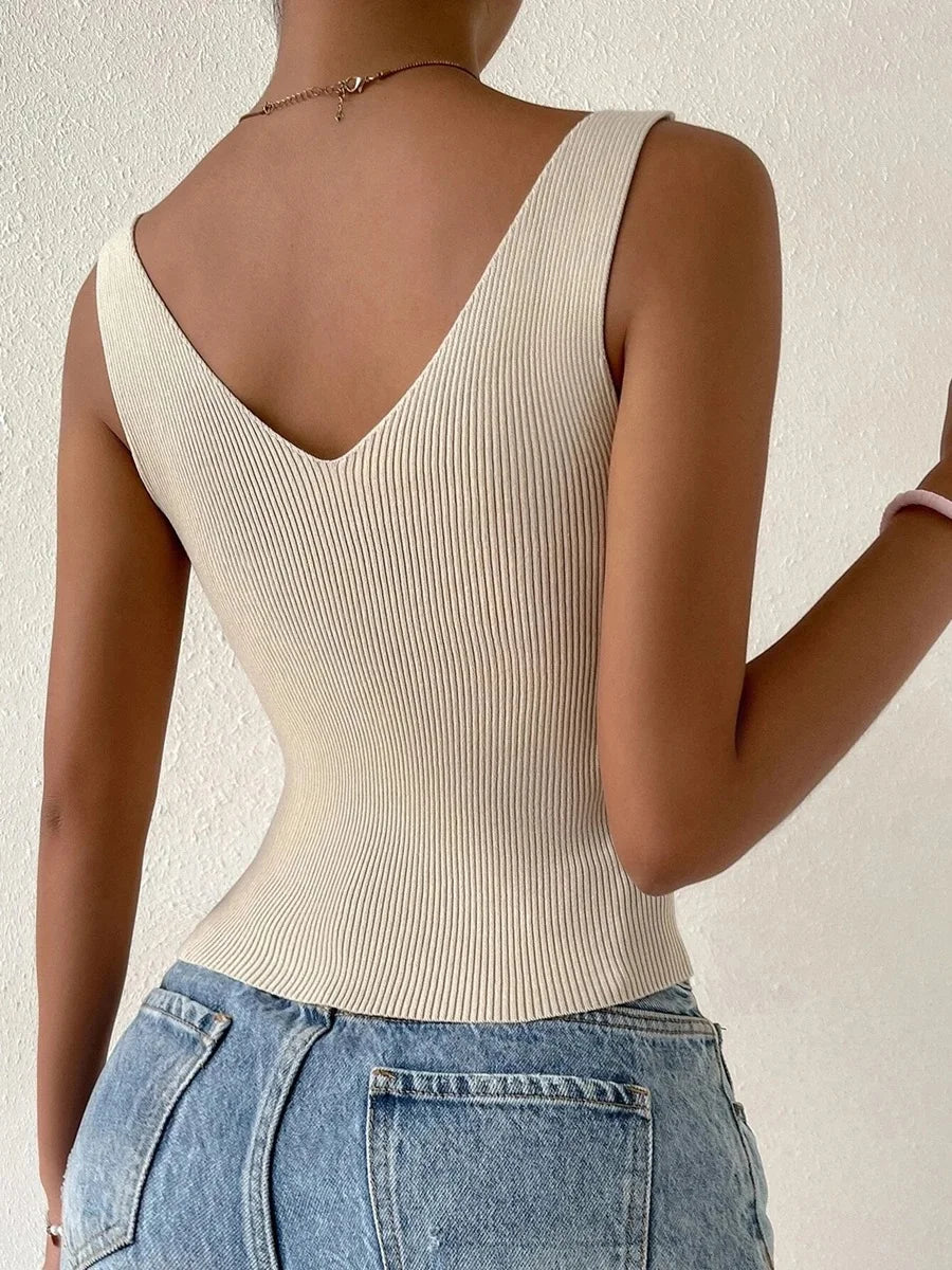 Casual Drawstring Front Ribbed High Stretch Split Neck Sleeveless Crop Top Mssza