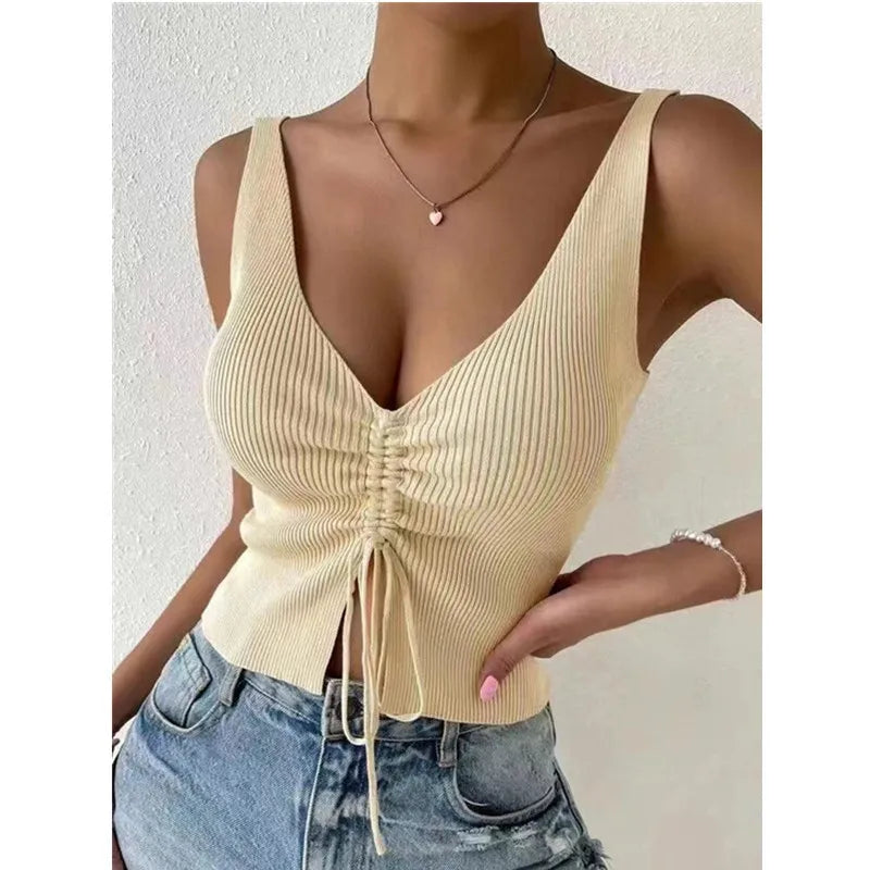 Casual Drawstring Front Ribbed High Stretch Split Neck Sleeveless Crop Top Mssza