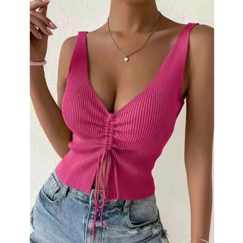 Casual Drawstring Front Ribbed High Stretch Split Neck Sleeveless Crop Top Mssza
