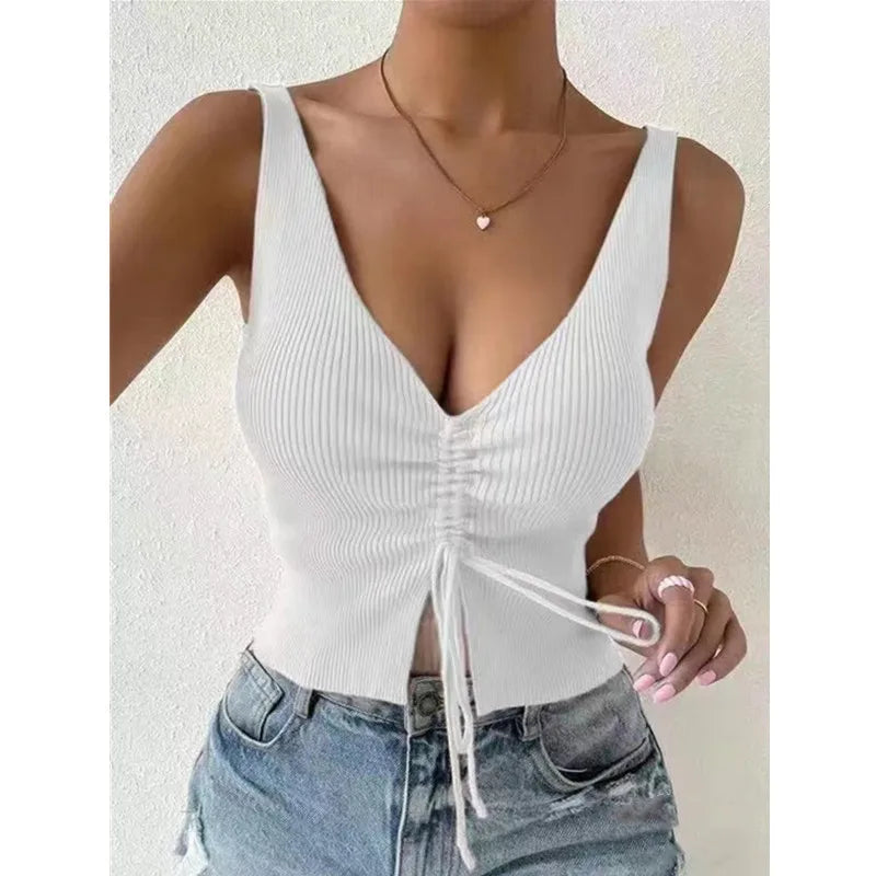 Casual Drawstring Front Ribbed High Stretch Split Neck Sleeveless Crop Top Mssza