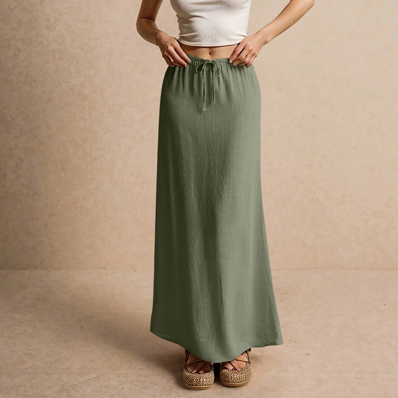 Casual Drawstring Low Waist A-Line Beach Style Bodycon Long Maxi Skirt Mssza