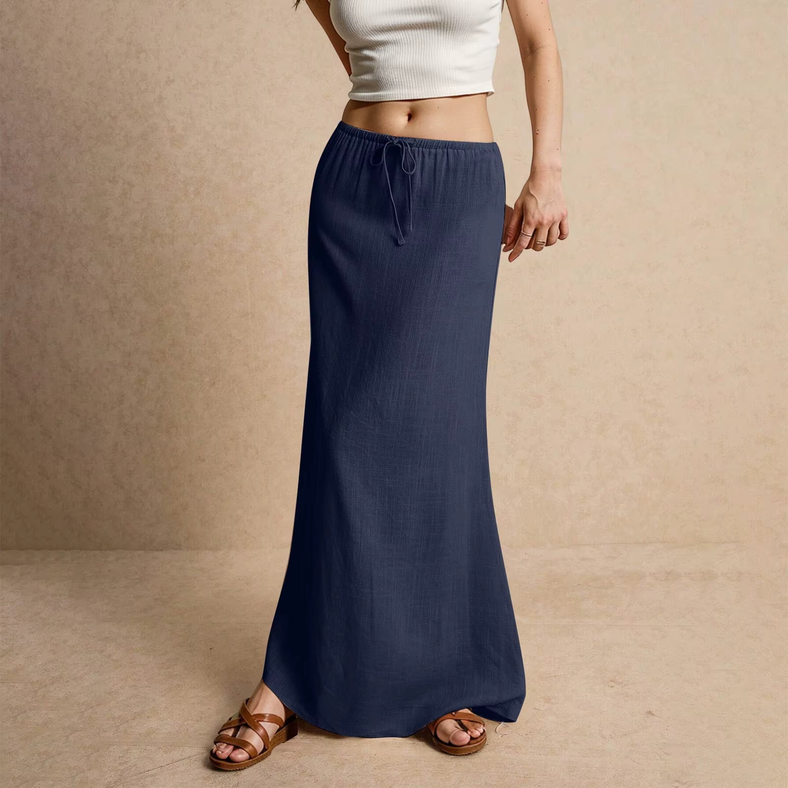 Casual Drawstring Low Waist A-Line Beach Style Bodycon Long Maxi Skirt Mssza