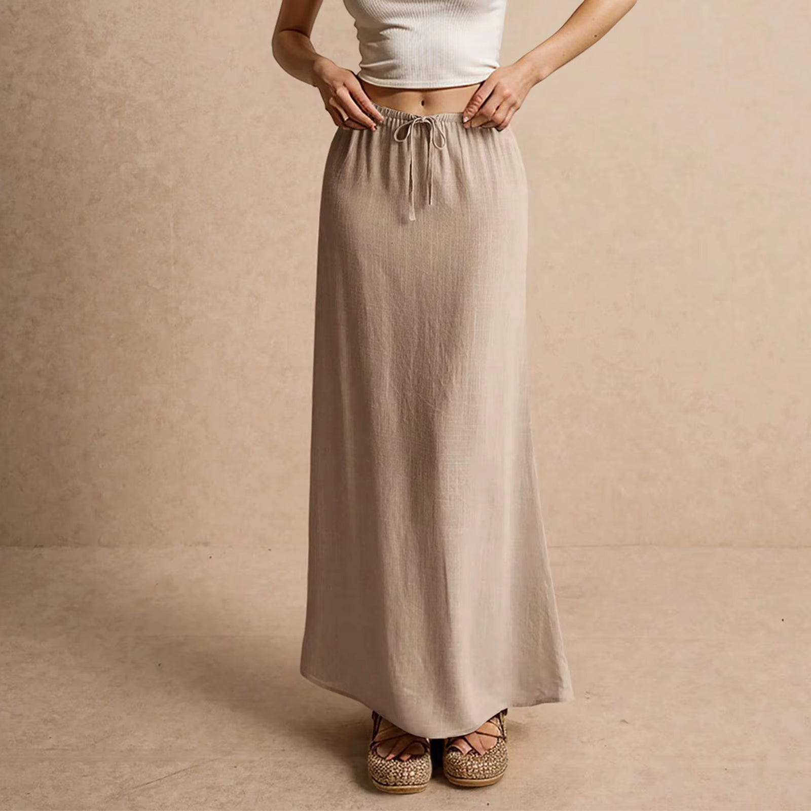 Casual Drawstring Low Waist A-Line Beach Style Bodycon Long Maxi Skirt Mssza