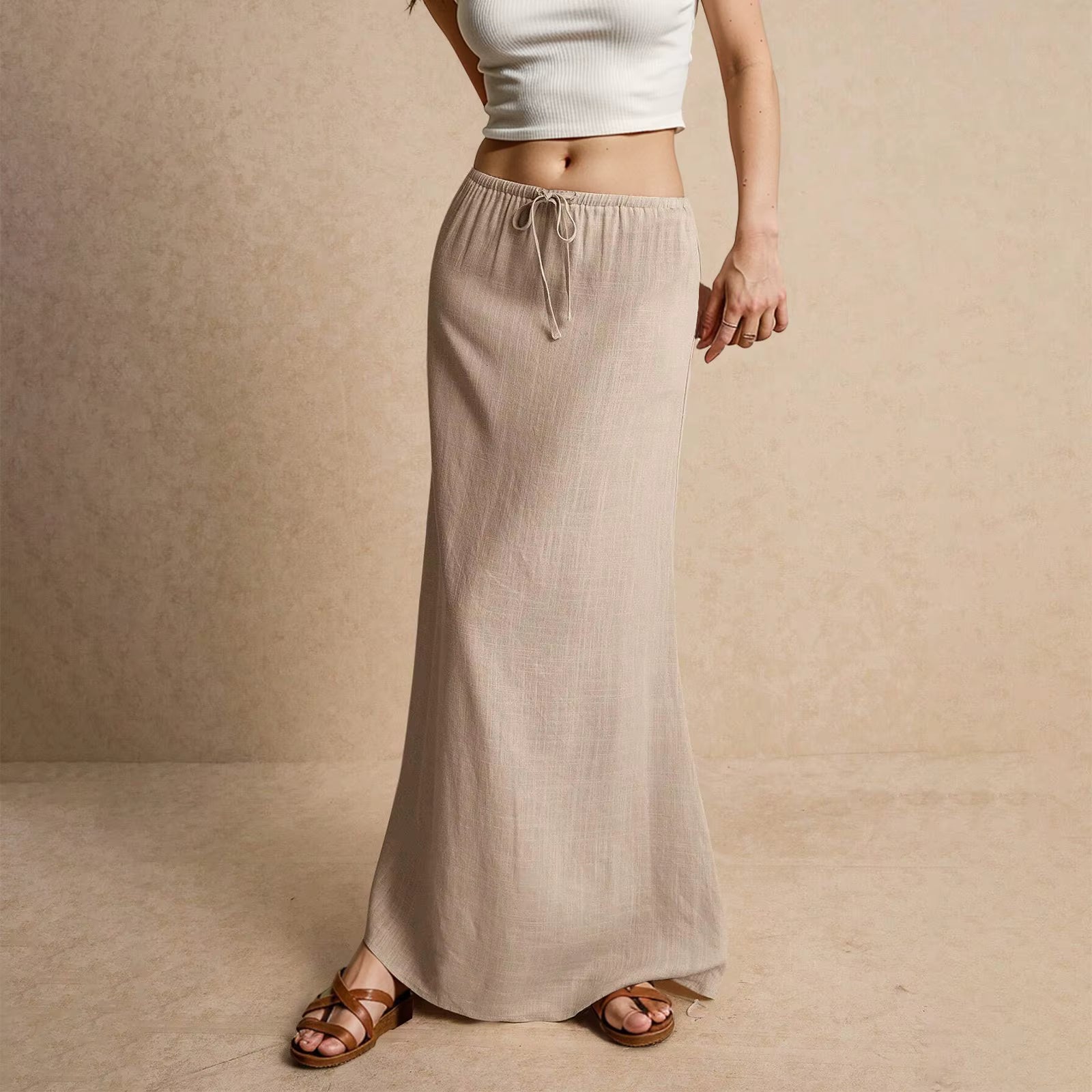 Casual Drawstring Low Waist A-Line Beach Style Bodycon Long Maxi Skirt Mssza