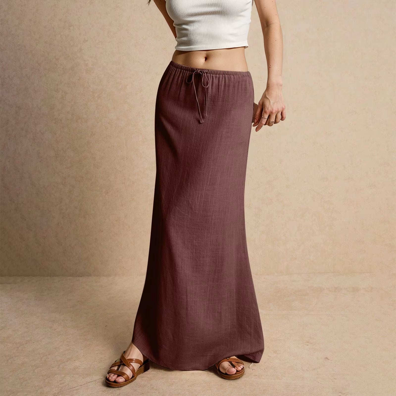 Casual Drawstring Low Waist A-Line Beach Style Bodycon Long Maxi Skirt Mssza