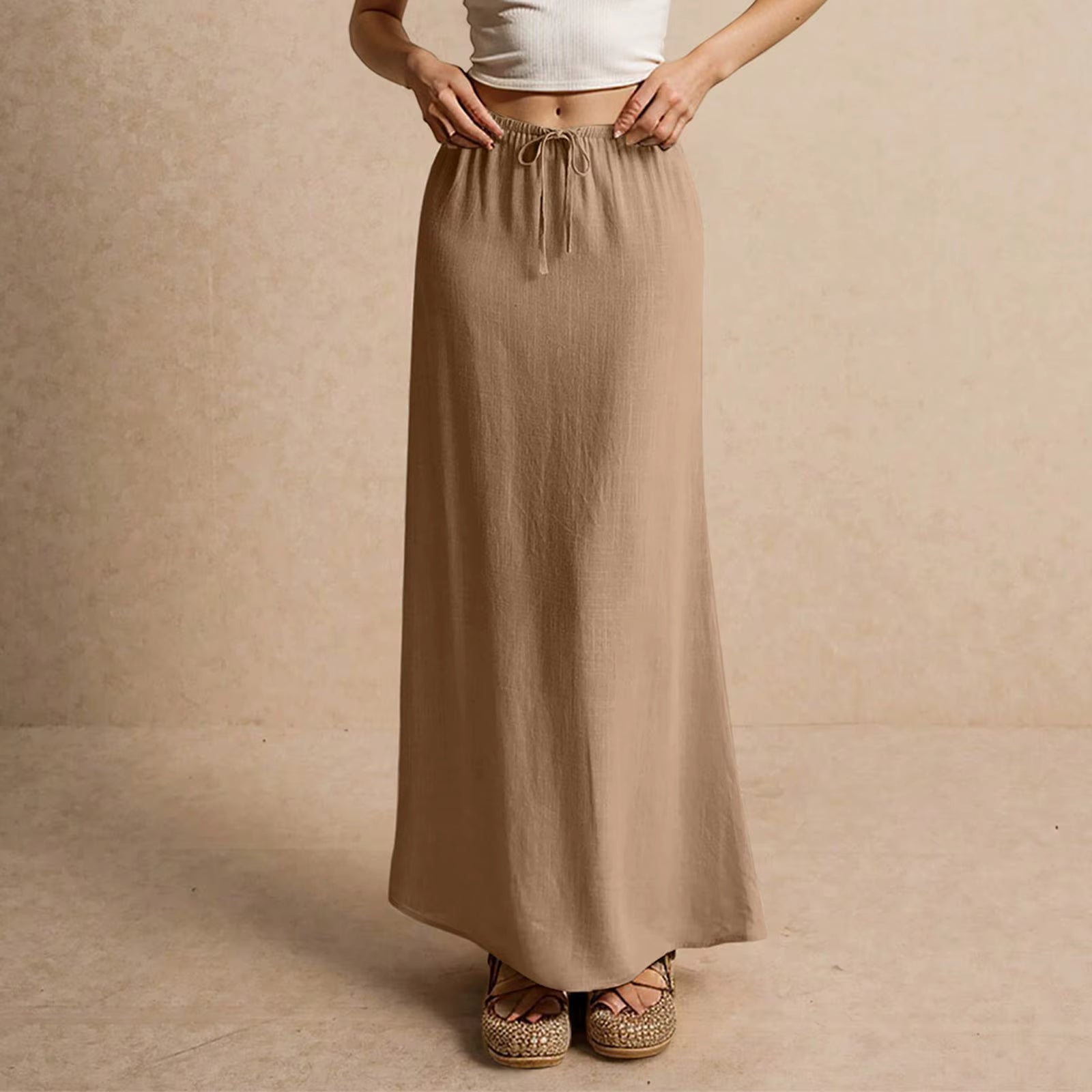 Casual Drawstring Low Waist A-Line Beach Style Bodycon Long Maxi Skirt Mssza