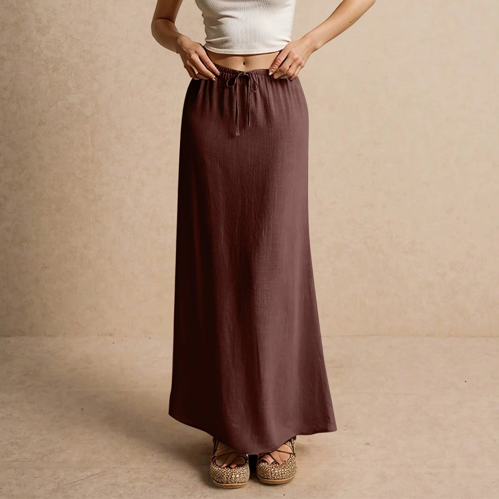 Casual Drawstring Low Waist A-Line Beach Style Bodycon Long Maxi Skirt Mssza