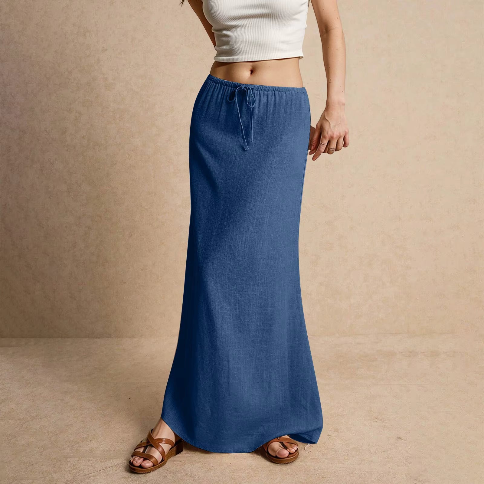 Casual Drawstring Low Waist A-Line Beach Style Bodycon Long Maxi Skirt Mssza