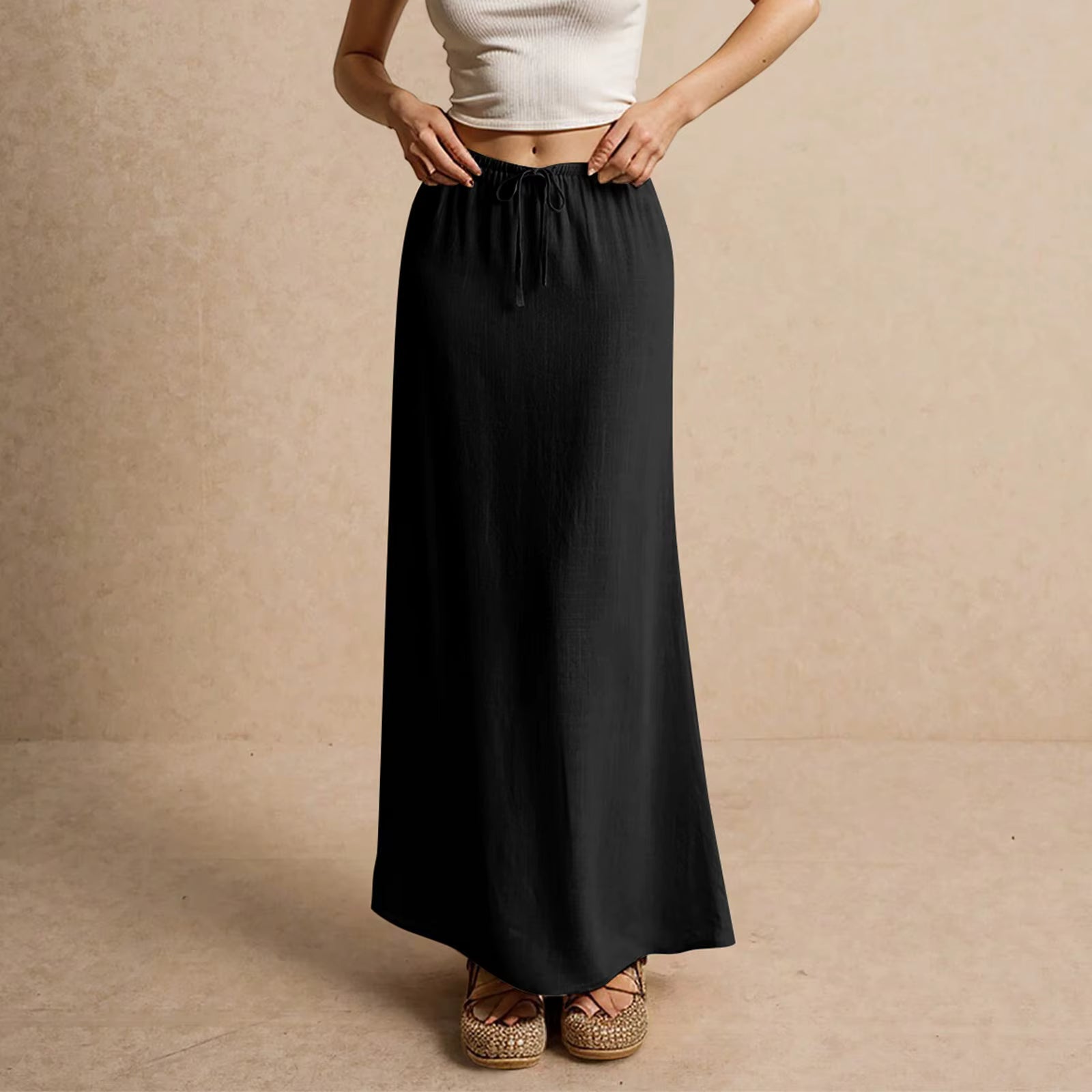Casual Drawstring Low Waist A-Line Beach Style Bodycon Long Maxi Skirt Mssza