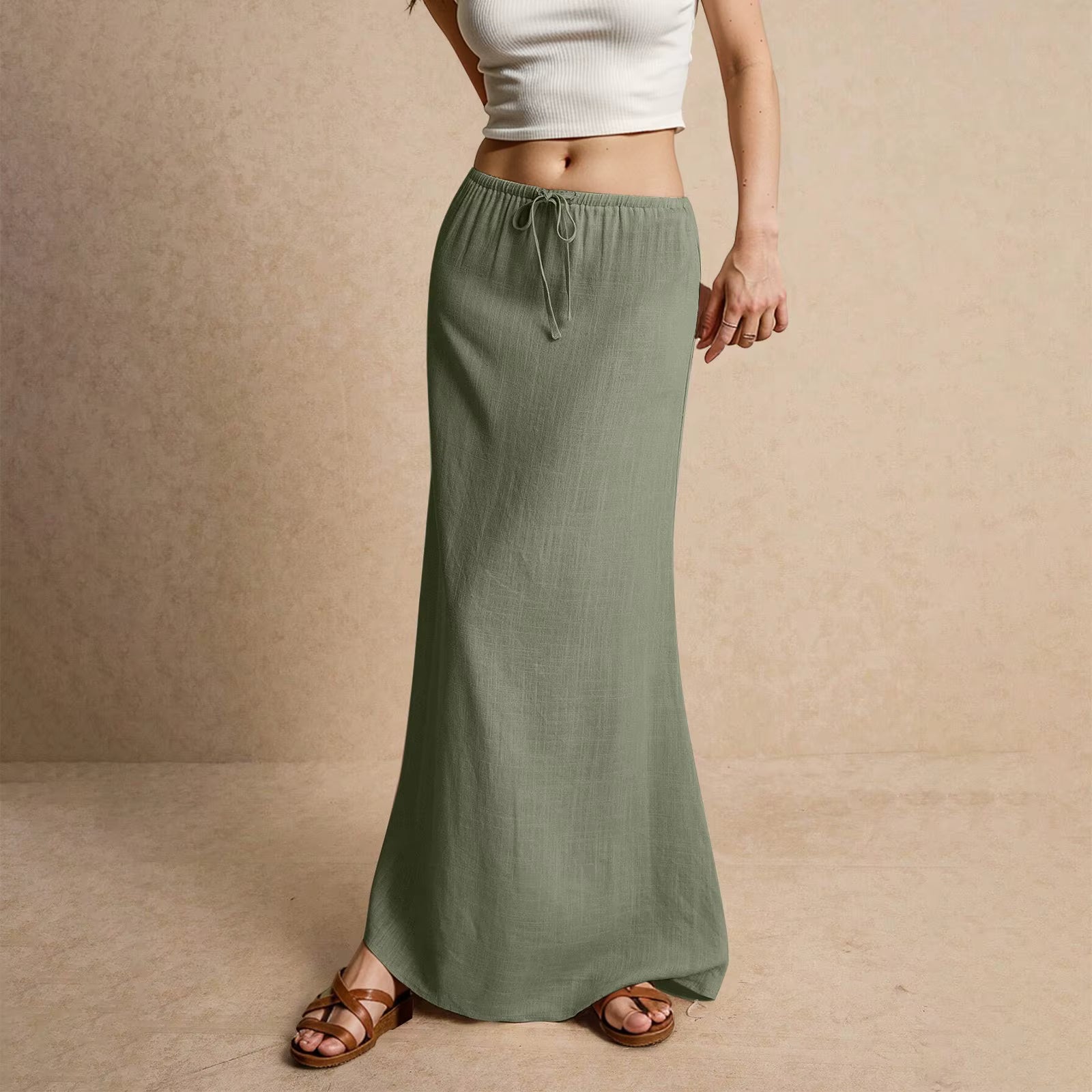 Casual Drawstring Low Waist A-Line Beach Style Bodycon Long Maxi Skirt Mssza