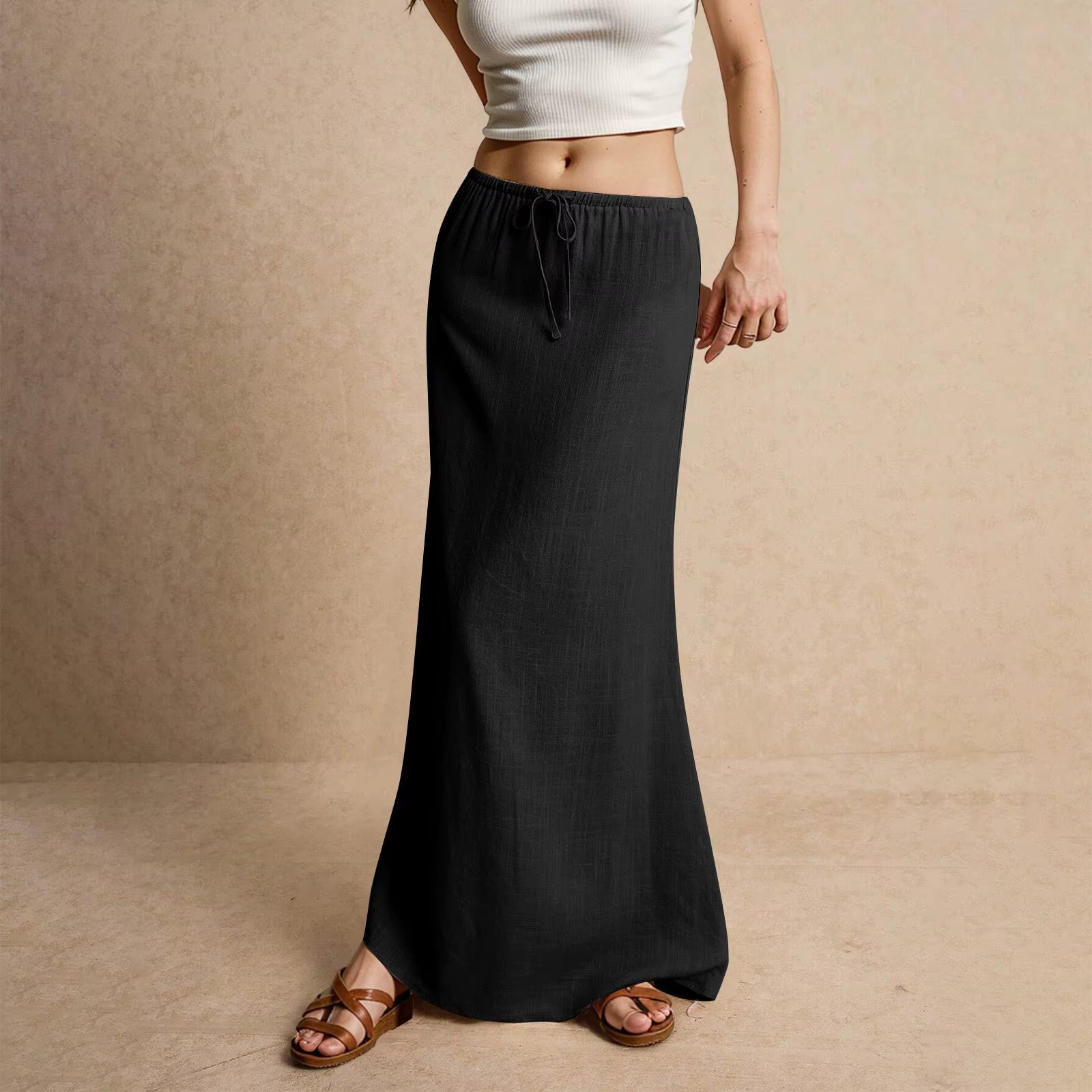 Casual Drawstring Low Waist A-Line Beach Style Bodycon Long Maxi Skirt Mssza