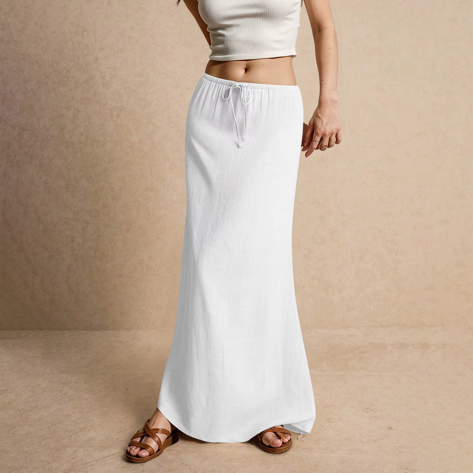 Casual Drawstring Low Waist A-Line Beach Style Bodycon Long Maxi Skirt Mssza