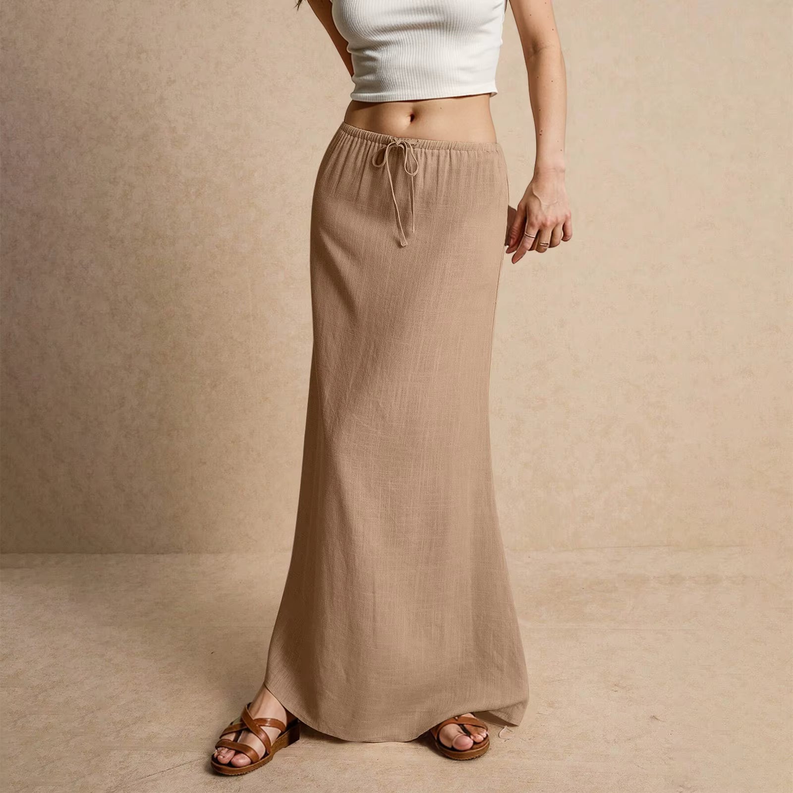 Casual Drawstring Low Waist A-Line Beach Style Bodycon Long Maxi Skirt Mssza