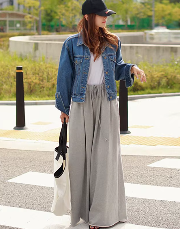 Casual Drawstring Solid Color Loose Wide Leg Bottoms Pants Mssza