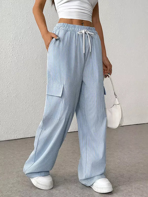 Casual Drawstring Striped Relaxed Fit With Side Pockets Cargo Pants Mssza