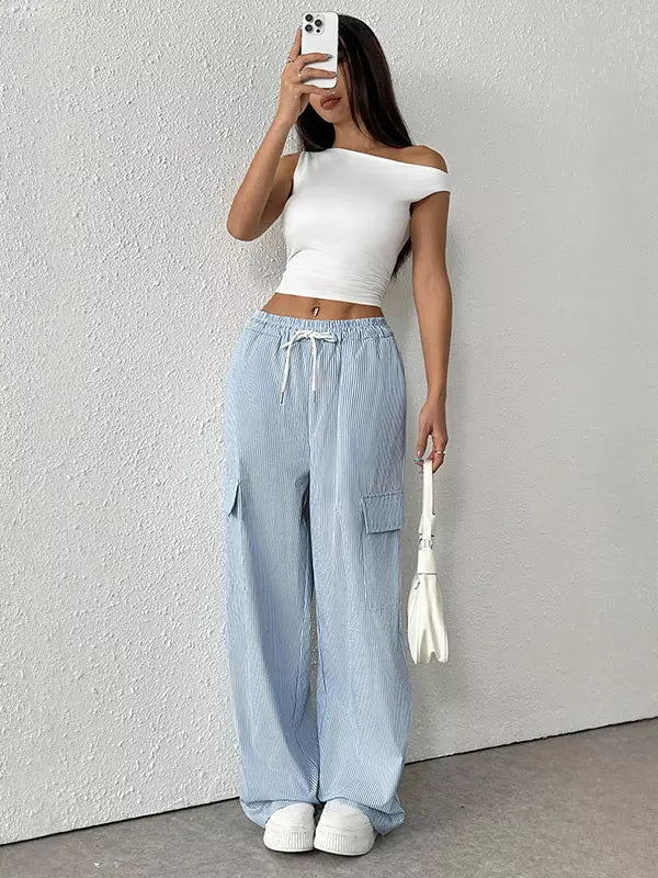Casual Drawstring Striped Relaxed Fit With Side Pockets Cargo Pants Mssza
