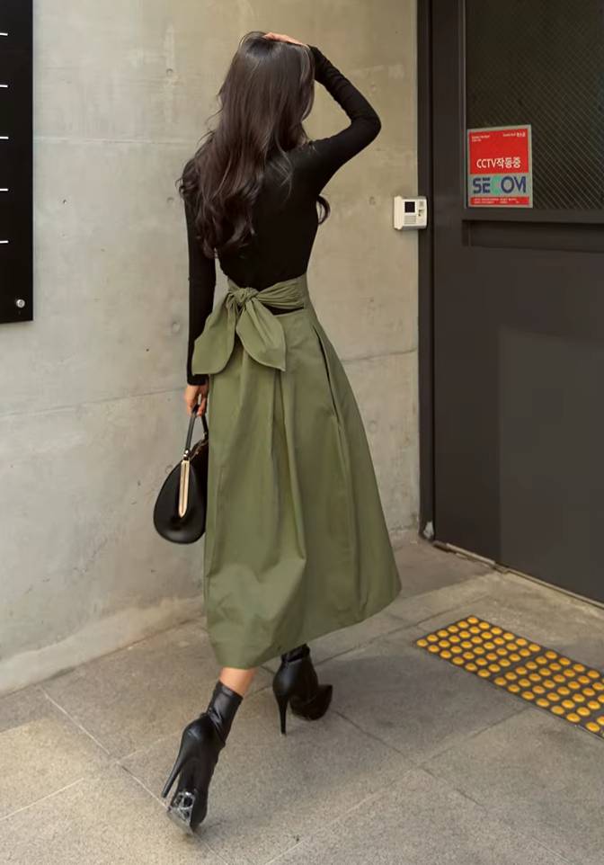 Casual Dropped Big Swing Wild High Waist Bow Slim Midi Skirt Mssza