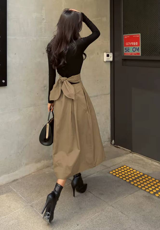 Casual Dropped Big Swing Wild High Waist Bow Slim Midi Skirt Mssza