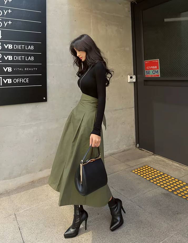 Casual Dropped Big Swing Wild High Waist Bow Slim Midi Skirt Mssza