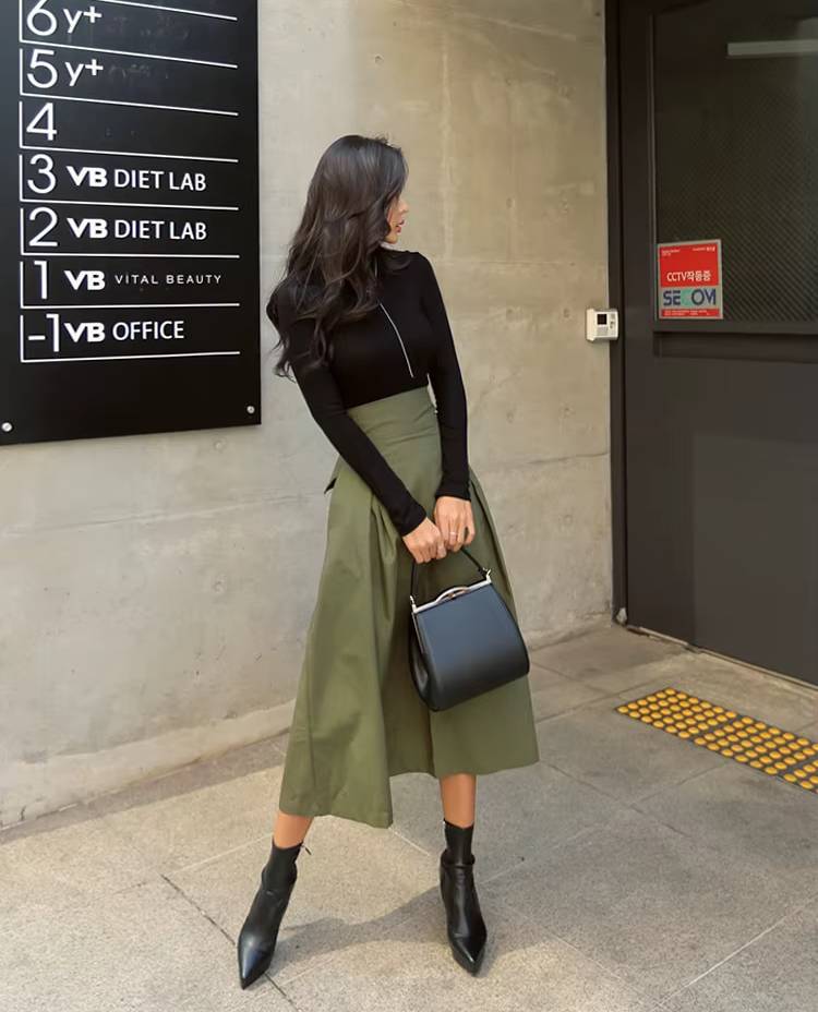 Casual Dropped Big Swing Wild High Waist Bow Slim Midi Skirt Mssza