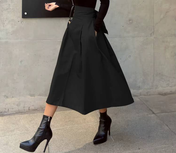 Casual Dropped Big Swing Wild High Waist Bow Slim Midi Skirt Mssza