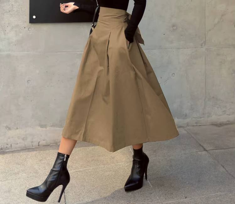 Casual Dropped Big Swing Wild High Waist Bow Slim Midi Skirt Mssza
