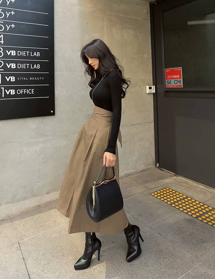 Casual Dropped Big Swing Wild High Waist Bow Slim Midi Skirt Mssza