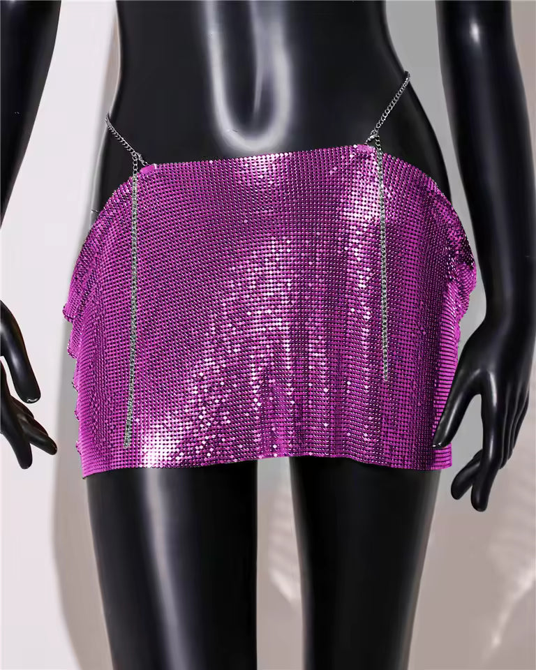 Casual Dropped Metal A-LINE Sequins Beach Nightclub Streetwear Mini Skirt Mssza