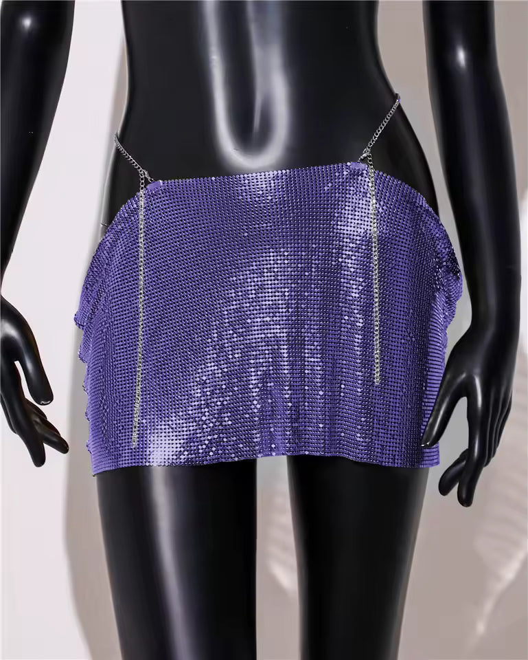 Casual Dropped Metal A-LINE Sequins Beach Nightclub Streetwear Mini Skirt Mssza