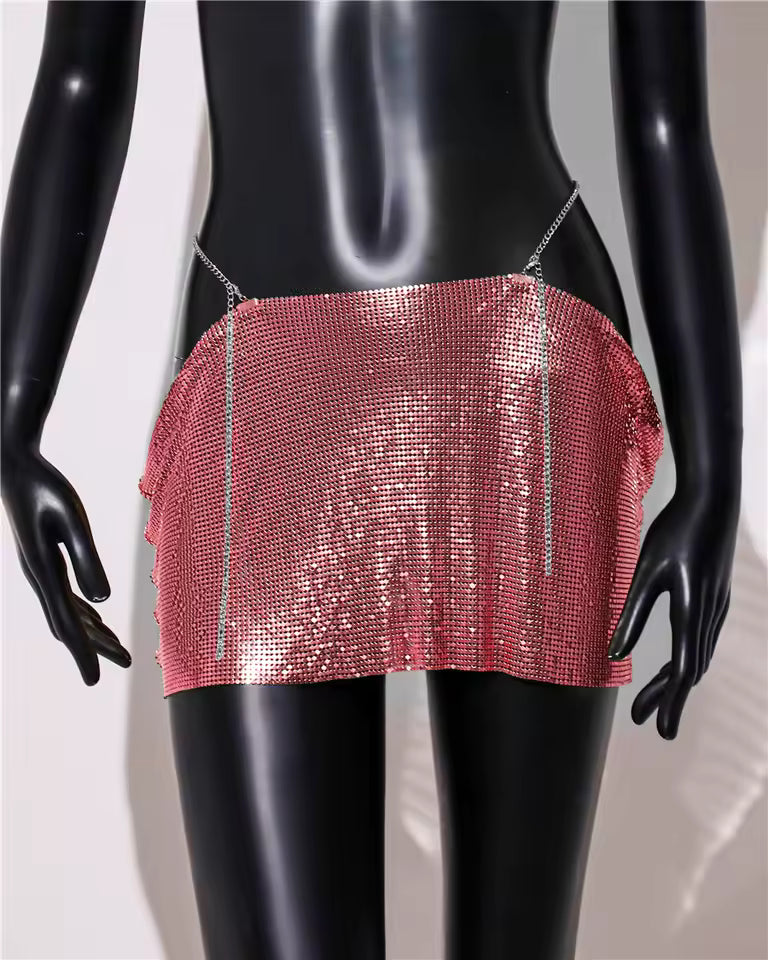 Casual Dropped Metal A-LINE Sequins Beach Nightclub Streetwear Mini Skirt Mssza
