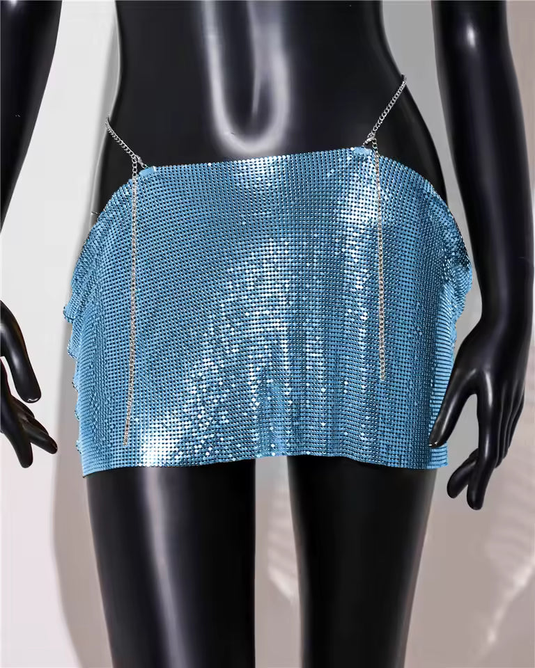 Casual Dropped Metal A-LINE Sequins Beach Nightclub Streetwear Mini Skirt Mssza