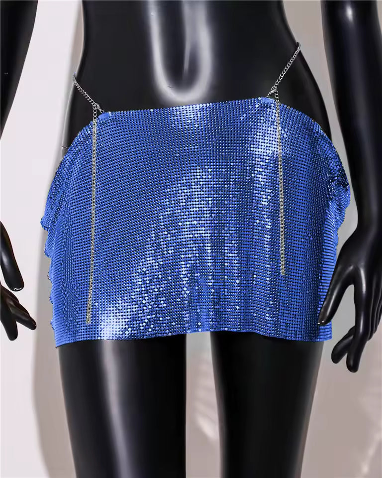 Casual Dropped Metal A-LINE Sequins Beach Nightclub Streetwear Mini Skirt Mssza