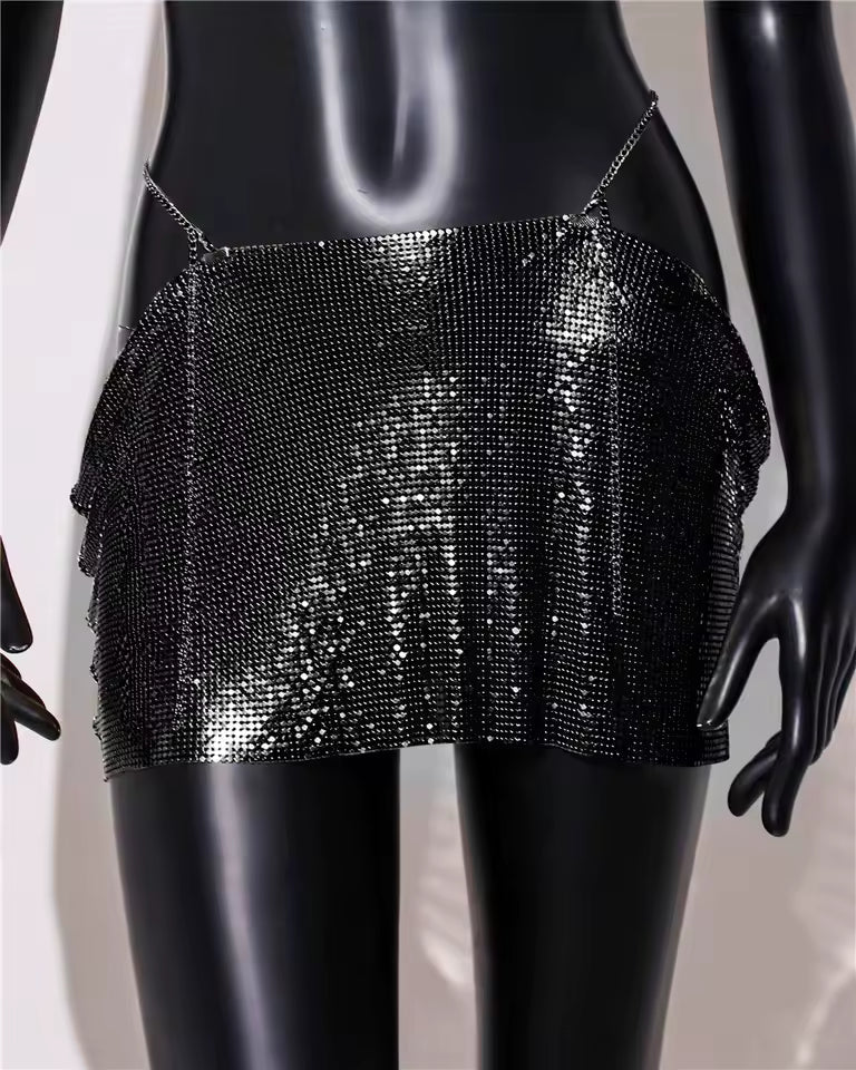 Casual Dropped Metal A-LINE Sequins Beach Nightclub Streetwear Mini Skirt Mssza