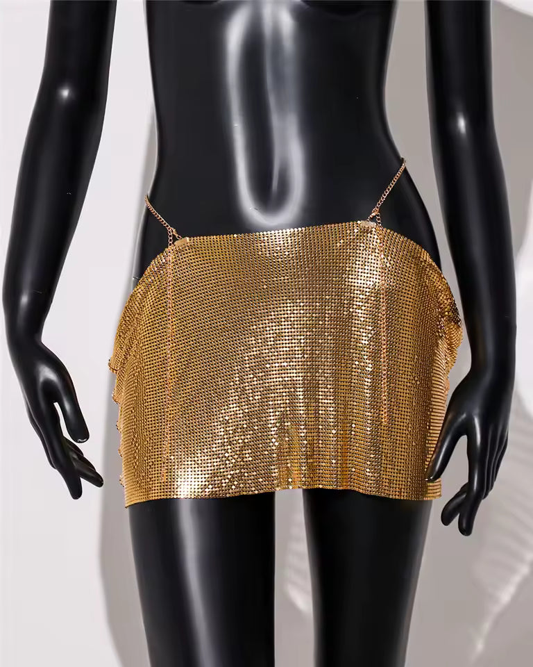 Casual Dropped Metal A-LINE Sequins Beach Nightclub Streetwear Mini Skirt Mssza
