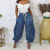 Casual Elastic Waist Drawstring Streetwear Multi-pocket Denim Pants Mssza