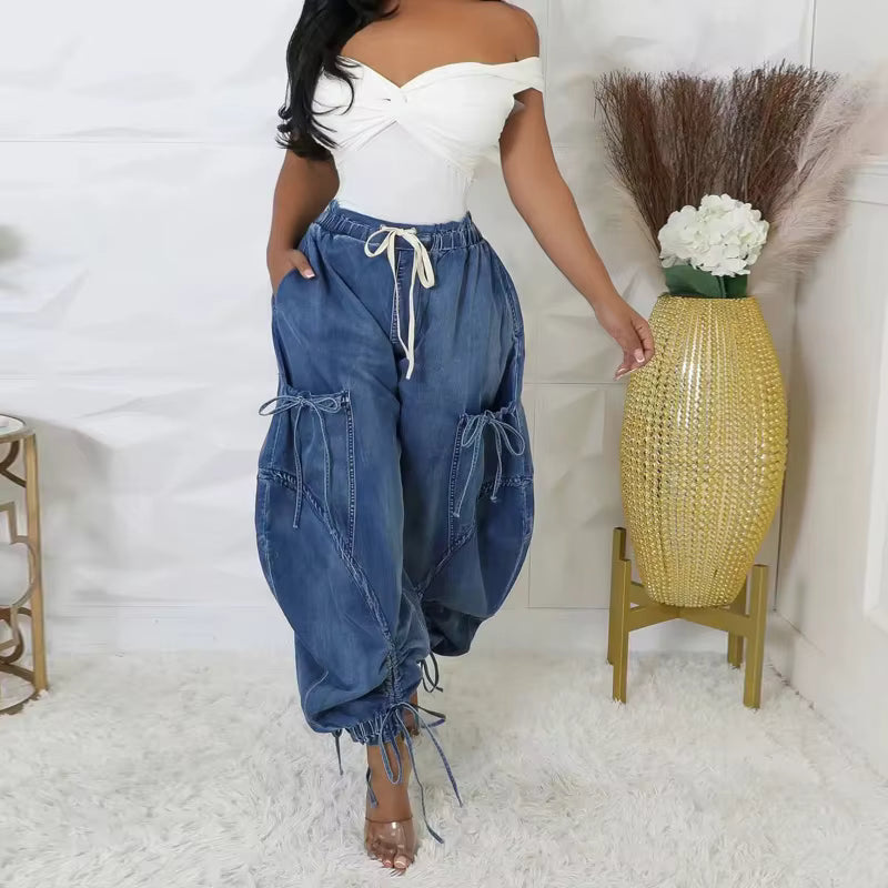 Casual Elastic Waist Drawstring Streetwear Multi-pocket Denim Pants Mssza