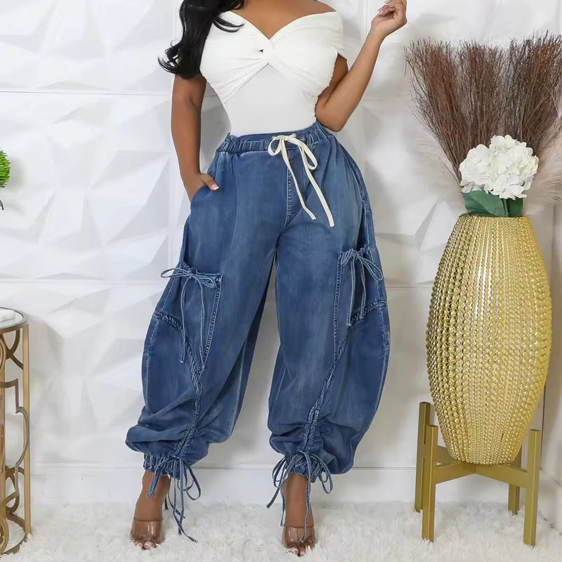 Casual Elastic Waist Drawstring Streetwear Multi-pocket Denim Pants Mssza