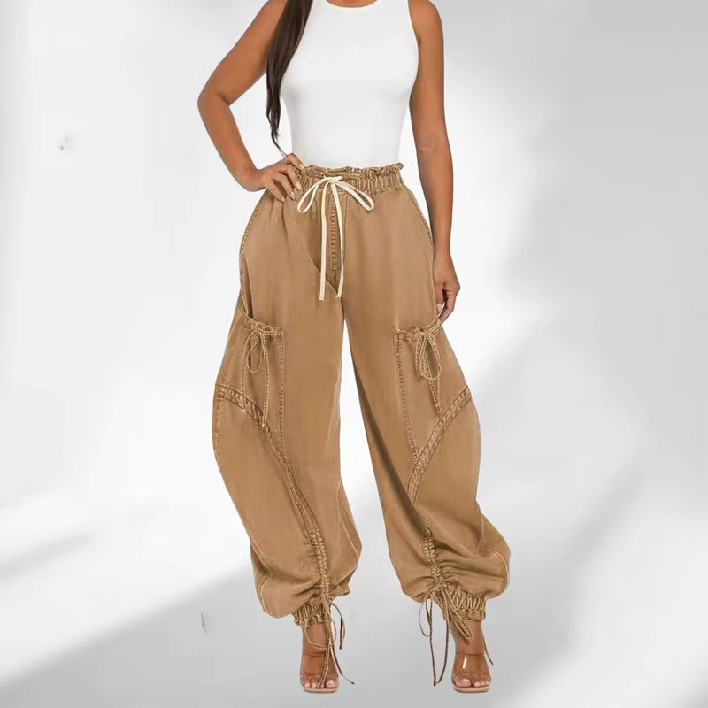 Casual Elastic Waist Drawstring Streetwear Multi-pocket Denim Pants Mssza