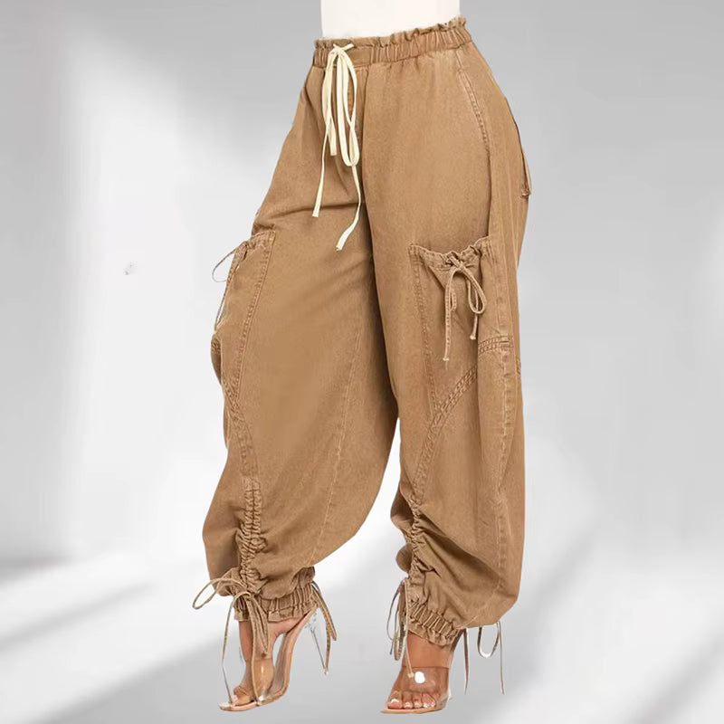 Casual Elastic Waist Drawstring Streetwear Multi-pocket Denim Pants Mssza