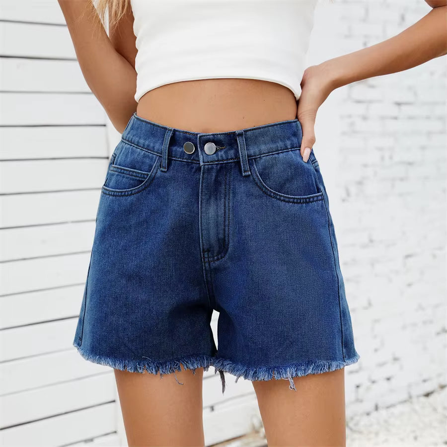 Casual Elastic Waist Frayed Hem Streetwear All-match Loose Jean Denim Shorts Mssza