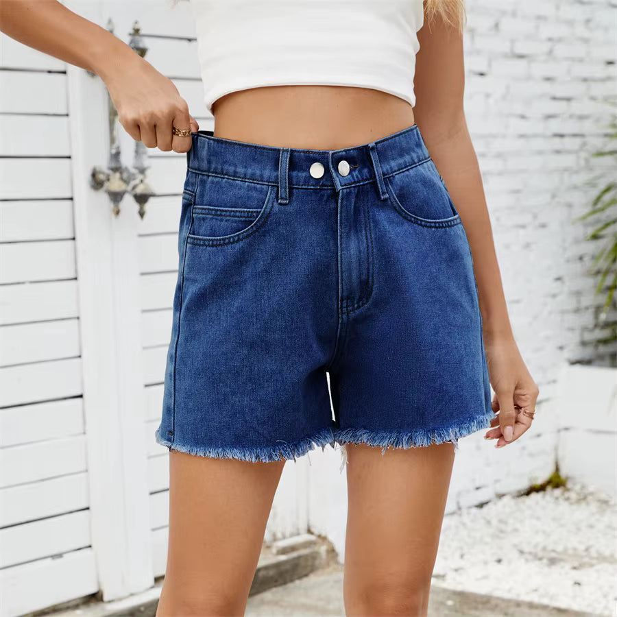 Casual Elastic Waist Frayed Hem Streetwear All-match Loose Jean Denim Shorts Mssza
