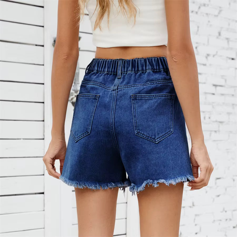 Casual Elastic Waist Frayed Hem Streetwear All-match Loose Jean Denim Shorts Mssza