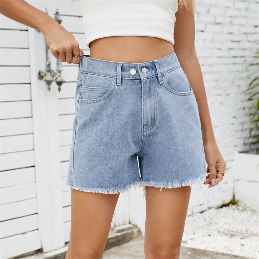 Casual Elastic Waist Frayed Hem Streetwear All-match Loose Jean Denim Shorts Mssza