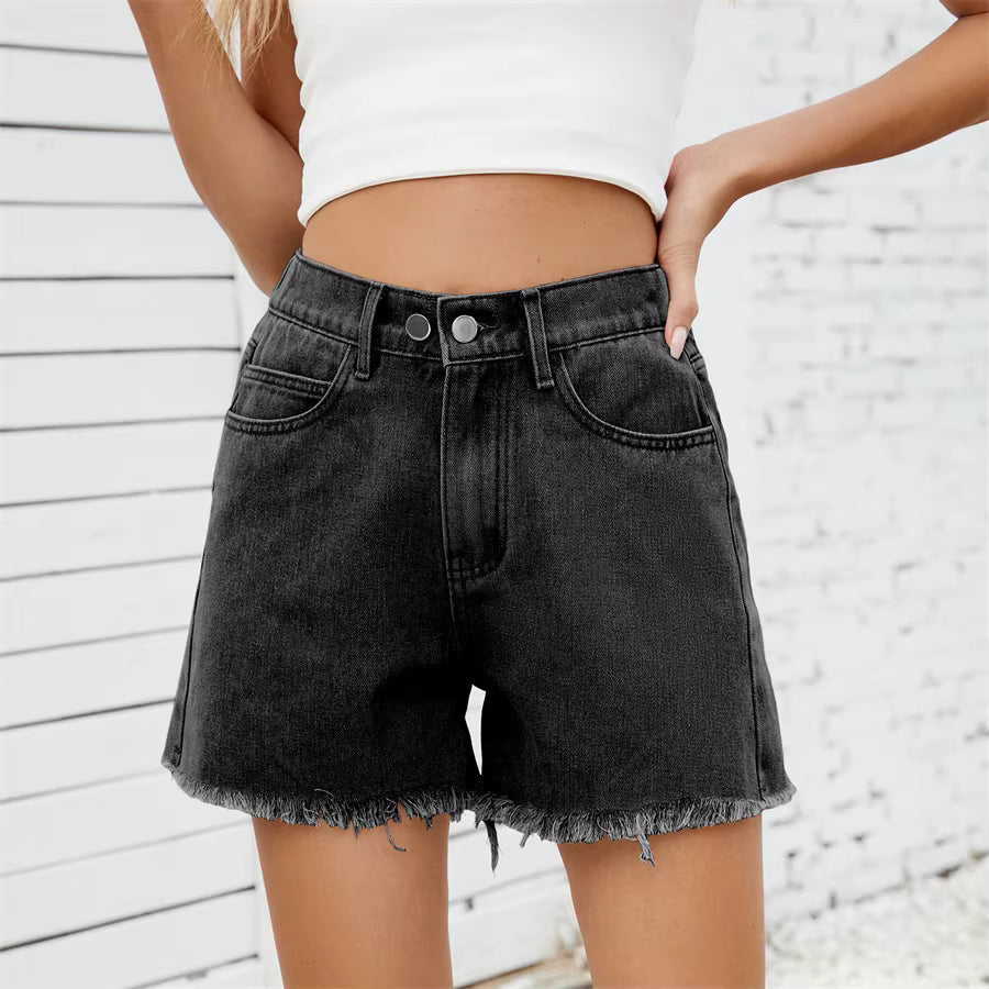 Casual Elastic Waist Frayed Hem Streetwear All-match Loose Jean Denim Shorts Mssza
